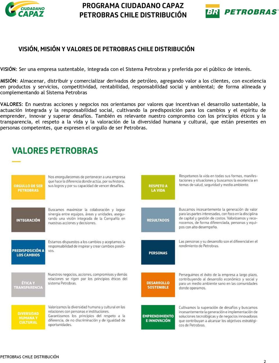 ambiental; de forma alineada y complementando al Sistema Petrobras VALORES: En nuestras acciones y negocios nos orientamos por valores que incentivan el desarrollo sustentable, la actuación integrada