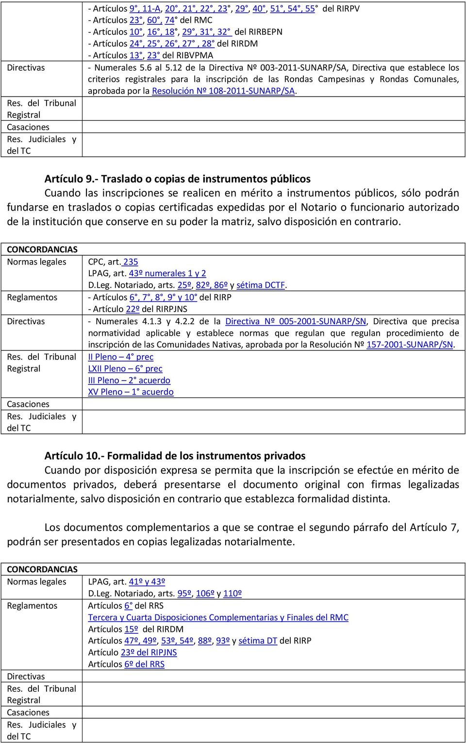 12 de la Directiva Nº 003-2011-SUNARP/SA, Directiva que establece los criterios registrales para la inscripción de las Rondas Campesinas y Rondas Comunales, aprobada por la Resolución Nº