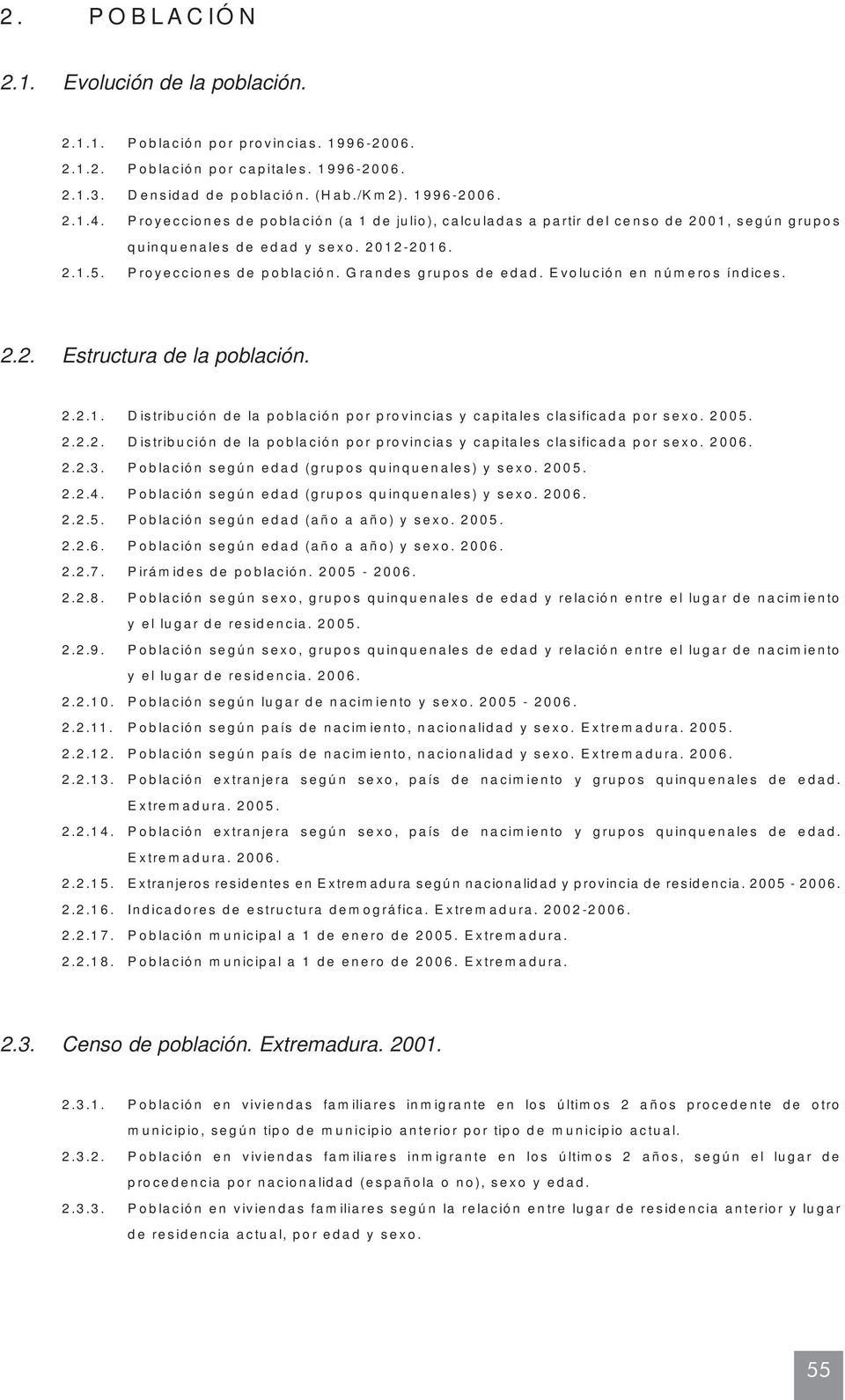 Evolución en números índices. 2.2. Estructura de la población. 2.2.1. Distribución de la población por provincias y capitales clasificada por sexo. 2005. 2.2.2. Distribución de la población por provincias y capitales clasificada por sexo. 2006.