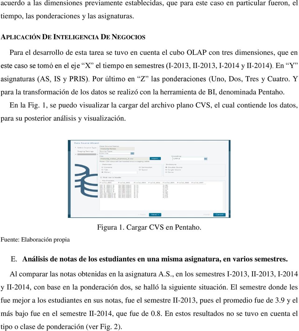 II-2013, I-2014 y II-2014). En Y asignaturas (AS, IS y PRIS). Por último en Z las ponderaciones (Uno, Dos, Tres y Cuatro.