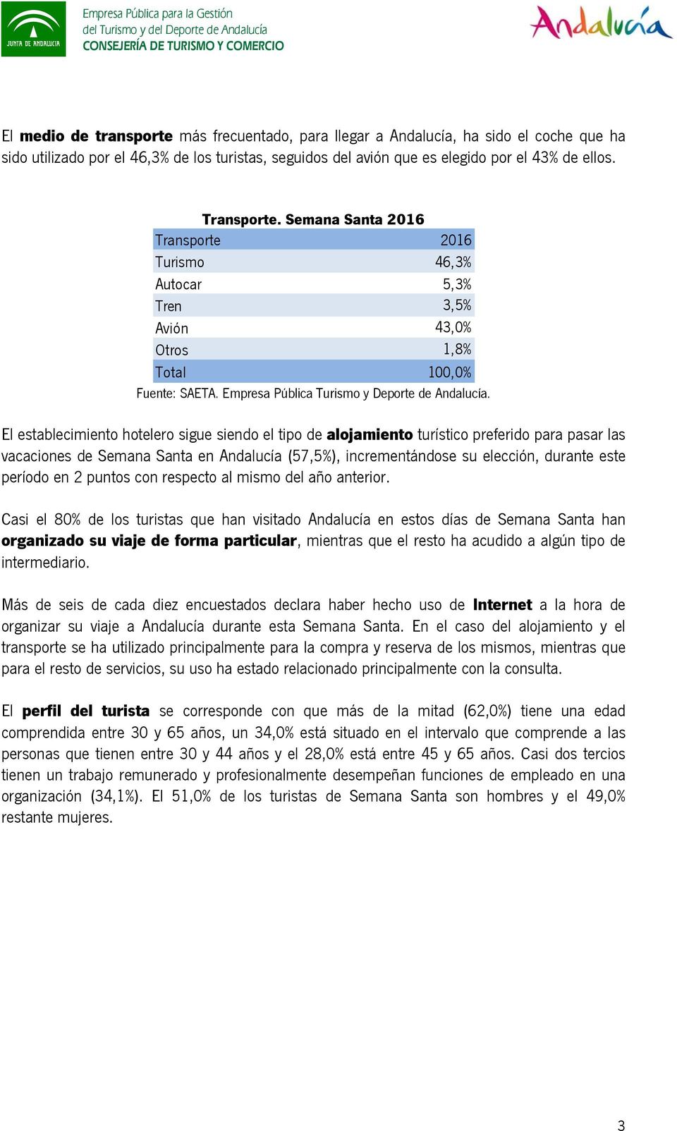 Santa en Andalucía (57,5%), incrementándose su elección, durante este período en 2 puntos con respecto al mismo del año anterior.