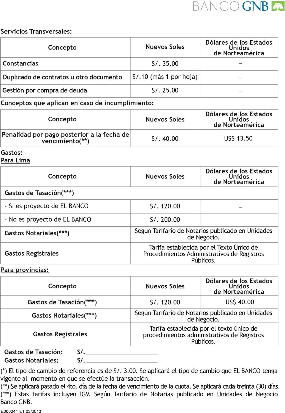 50 - No es proyecto de EL BANCO S/. 200.00 Gastos Notariales(***) Gastos Registrales Para provincias: Según Tarifario de Notarios publicado en Unidades de Negocio.