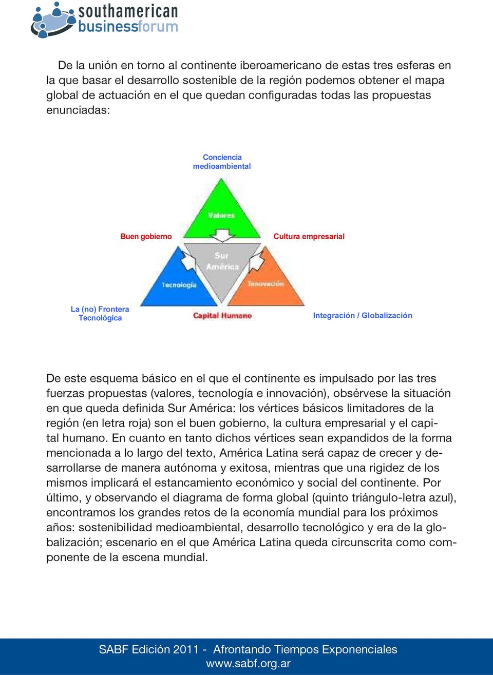 definida Sur América: los vértices básicos limitadores de la región (en letra roja) son el buen gobierno, la cultura empresarial y el capital humano.