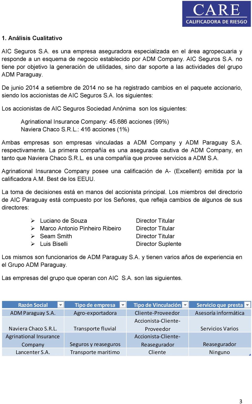 C Seguros S.A. los siguientes: Los accionistas de AIC Seguros Sociedad Anónima son los siguientes: Agrinational Insurance Company: 45.686 acciones (99%) Naviera Chaco S.R.L.: 416 acciones (1%) Ambas empresas son empresas vinculadas a ADM Company y ADM Paraguay S.