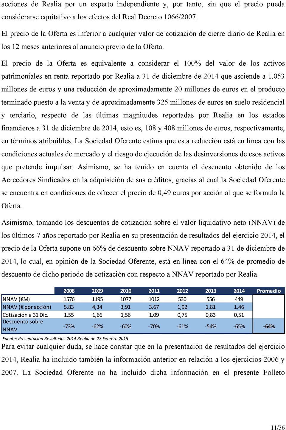 El precio de la Oferta es equivalente a considerar el 100% del valor de los activos patrimoniales en renta reportado por Realia a 31 de diciembre de 2014 que asciende a 1.