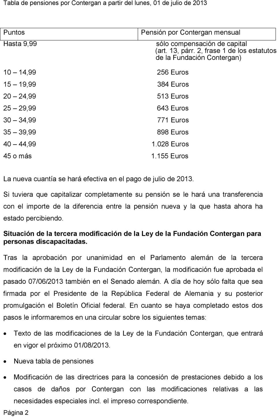 028 Euros 45 o más 1.155 Euros La nueva cuantía se hará efectiva en el pago de julio de 2013.