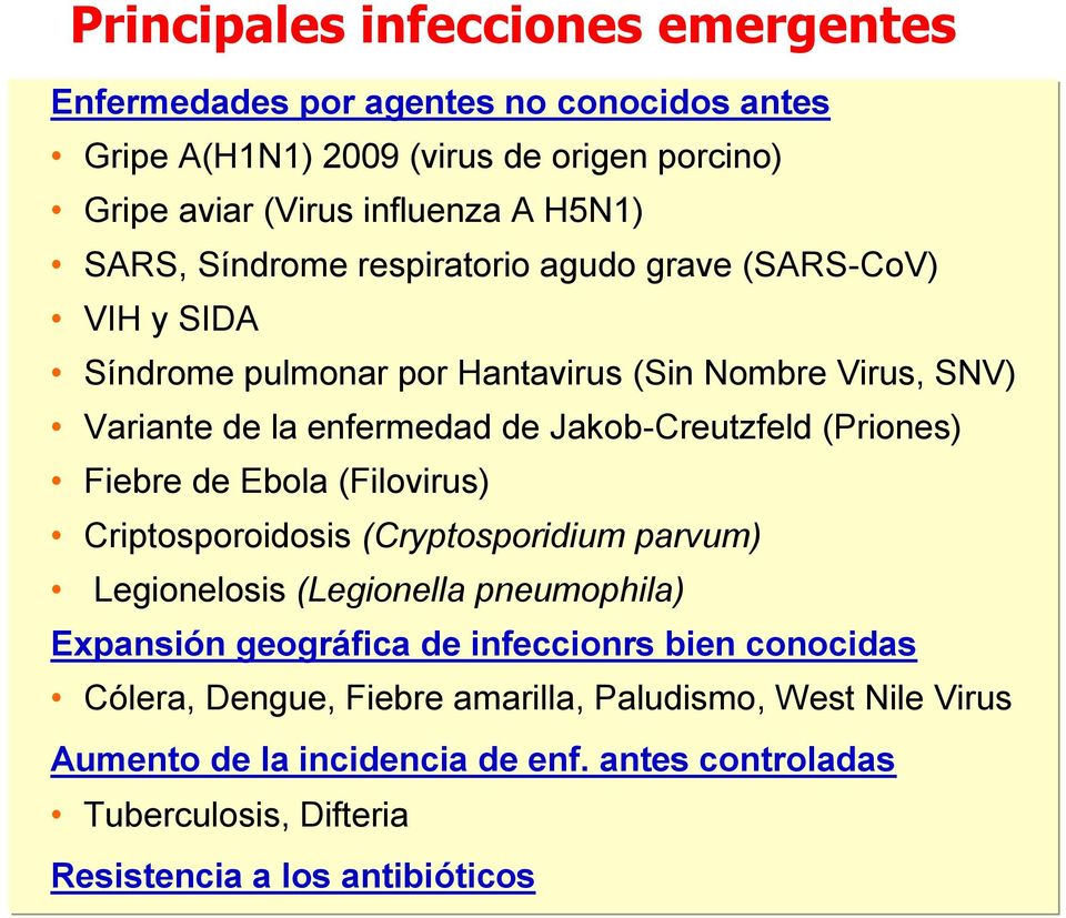 (Priones) Fiebre de Ebola (Filovirus) Criptosporoidosis (Cryptosporidium parvum) Legionelosis (Legionella pneumophila) Expansión geográfica de infeccionrs bien