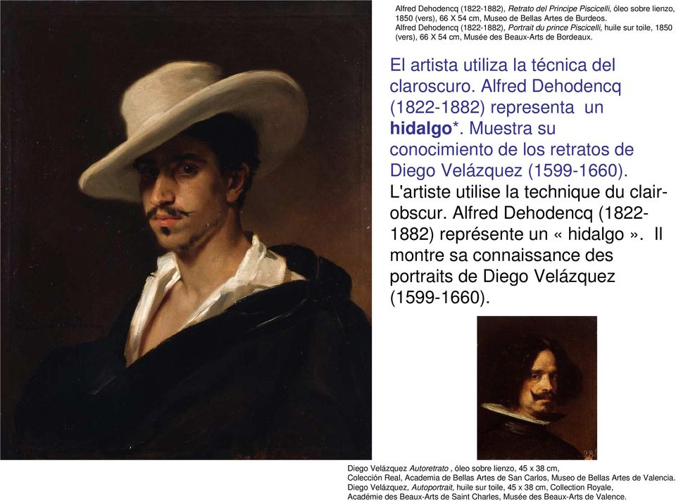 Alfred Dehodencq (1822-1882) representa un hidalgo*. Muestra su conocimiento de los retratos de Diego Velázquez (1599-1660). L'artiste utilise la technique du clairobscur.