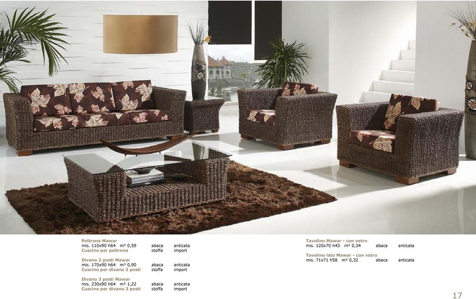170x90 h64 m³ 0,90 abaca anticata Cuscino per divano 2 posti stoffa import Tavolino Mawar - con vetro mis.