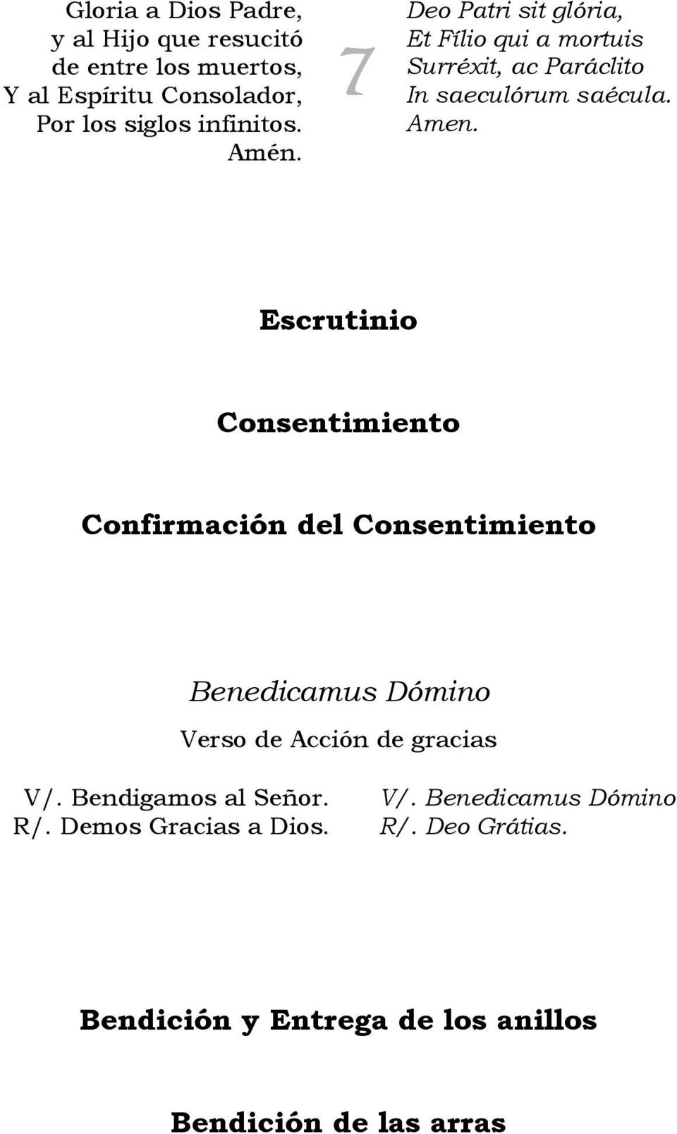 Escrutinio Consentimiento Confirmación del Consentimiento Benedicamus Dómino Verso de Acción de gracias V/.