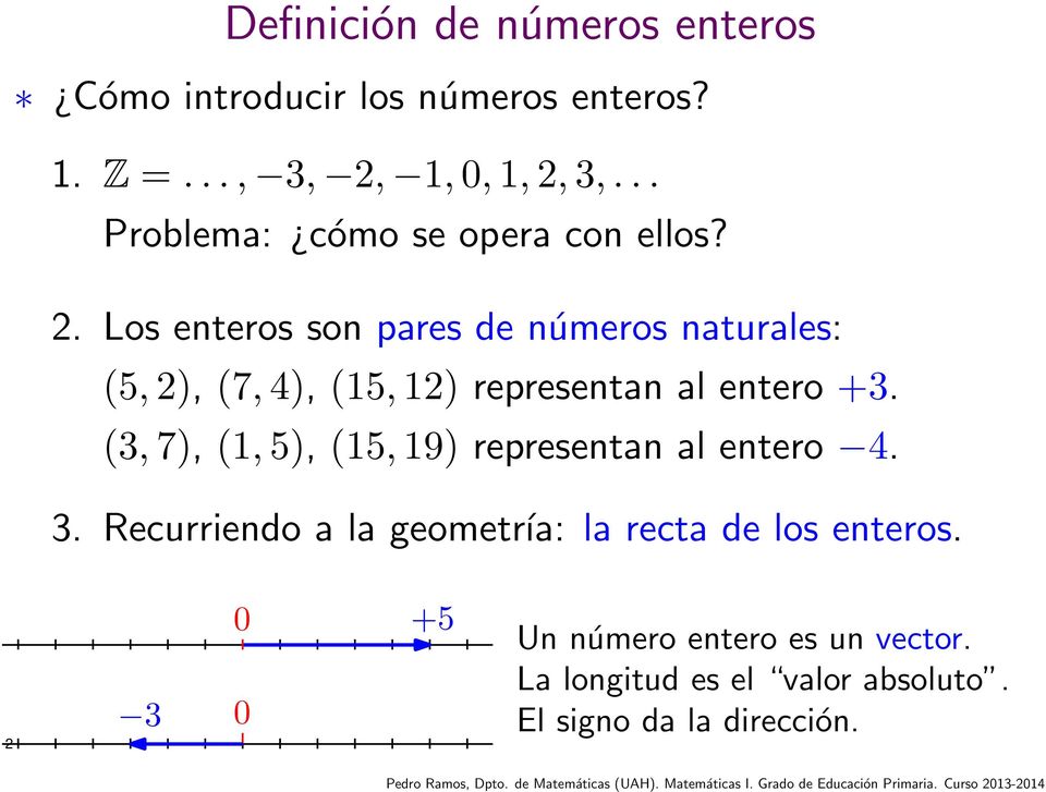 Los enteros son pares de números naturales: (5, 2), (7, 4), (15, 12) representan al entero +3.