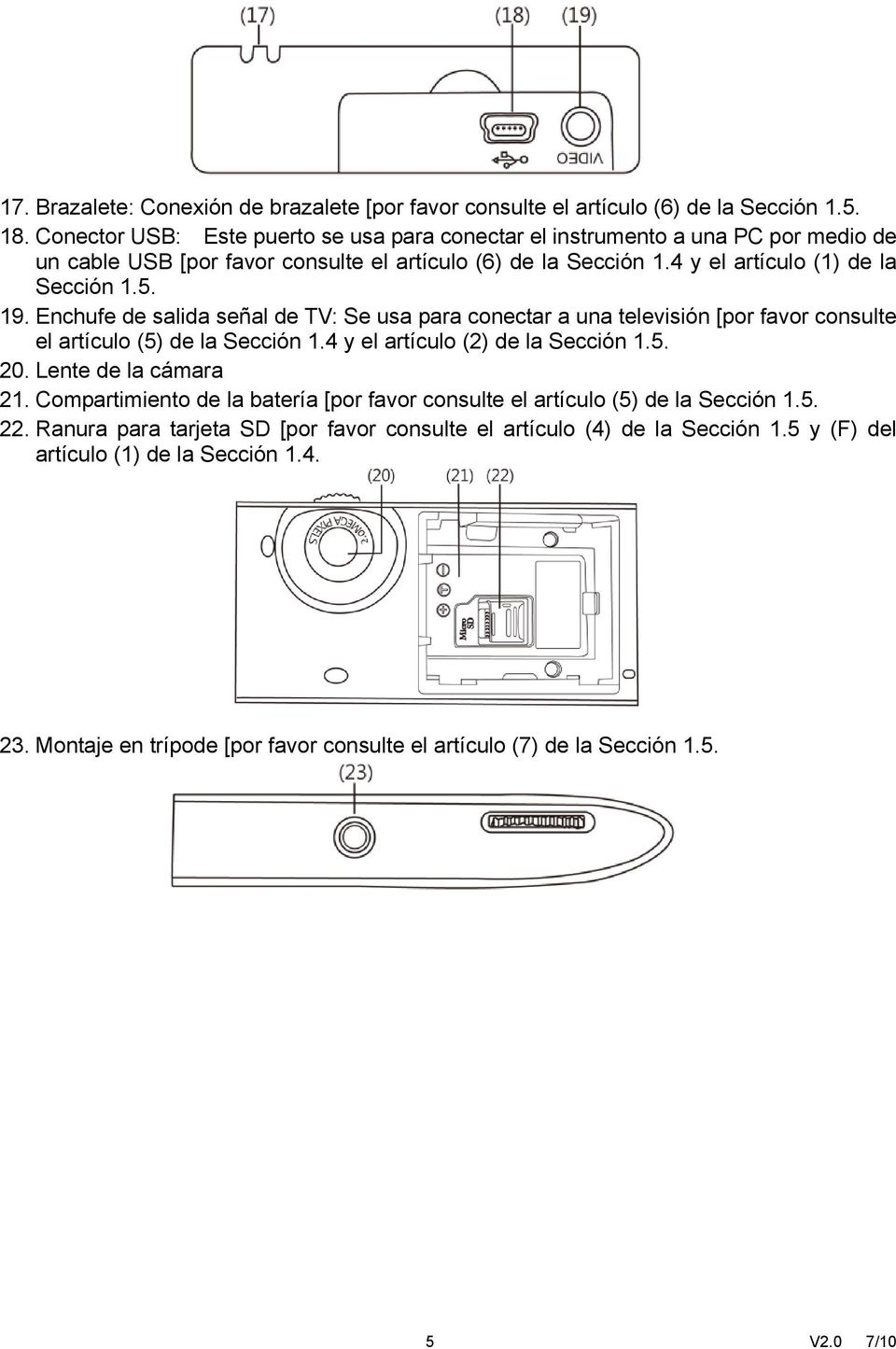 Enchufe de salida señal de TV: Se usa para conectar a una televisión [por favor consulte el artículo (5) de la Sección 1.4 y el artículo (2) de la Sección 1.5. 20. Lente de la cámara 21.