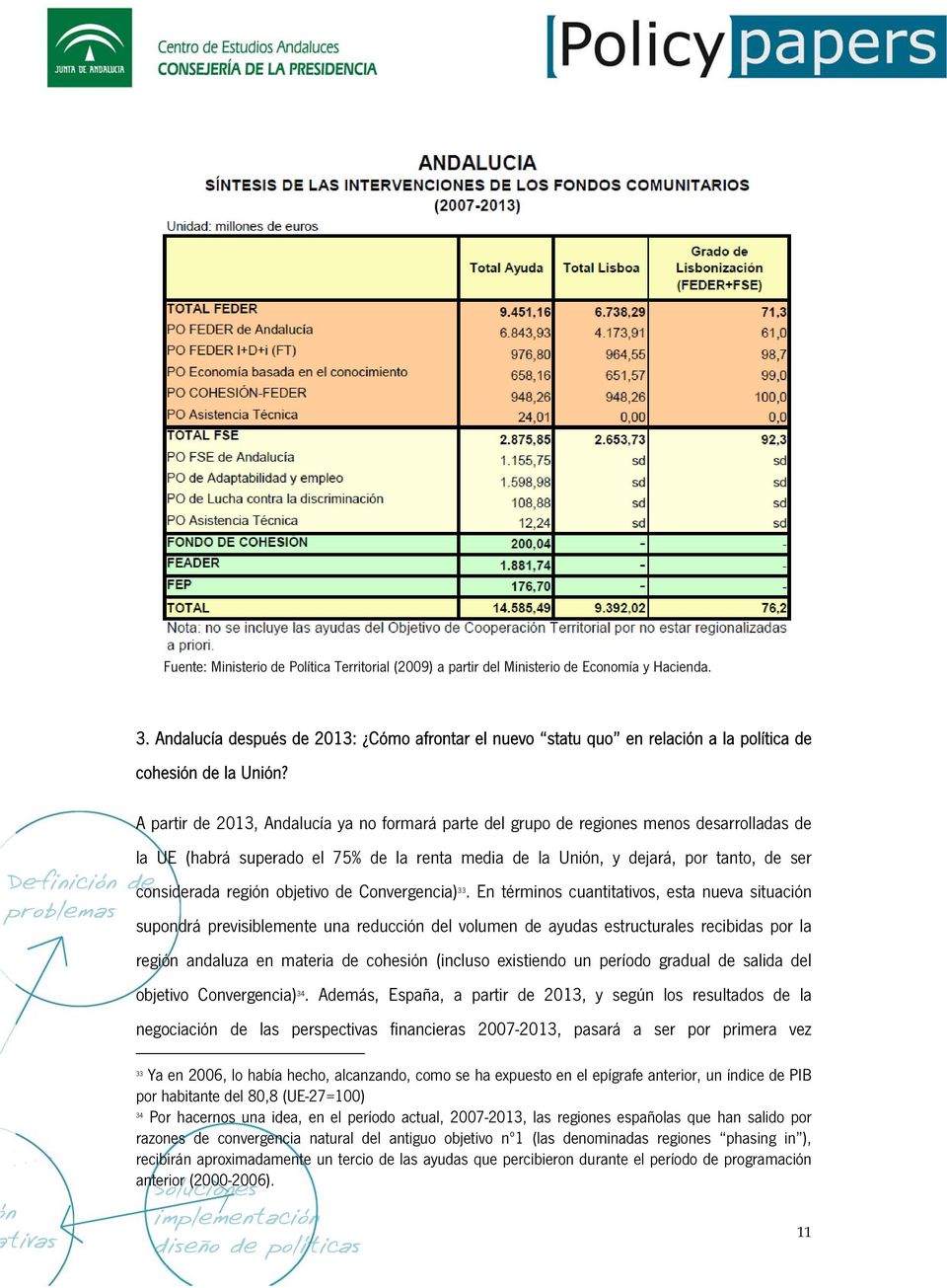 A partir de 2013, Andalucía ya no formará parte del grupo de regiones menos desarrolladas de la UE (habrá superado el 75% de la renta media de la Unión, y dejará, por tanto, de ser considerada región