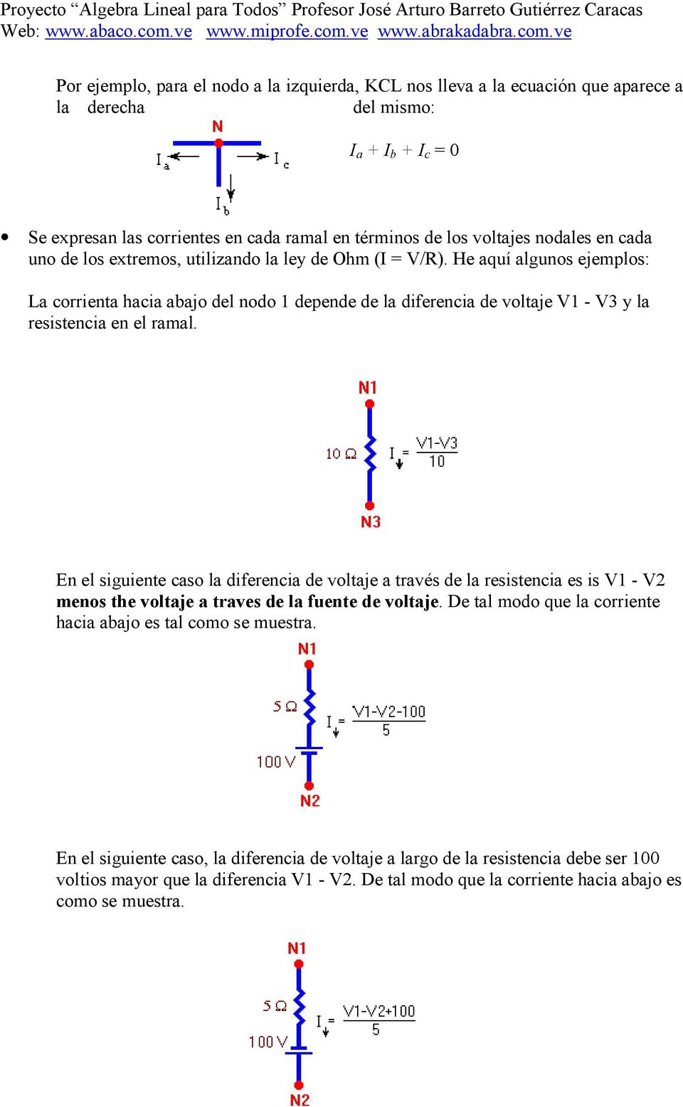 He aquí algunos ejemplos: La corrienta hacia abajo del nodo 1 depende de la diferencia de voltaje V1 - V3 y la resistencia en el ramal.