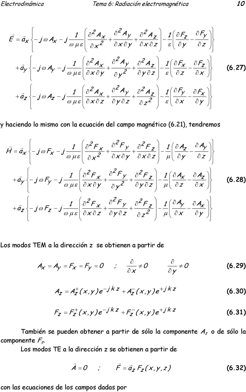 8) Los modos TM l diección se obtienen pti de ; 6.9) e ) e ) 6.3) e ) e ) 6.
