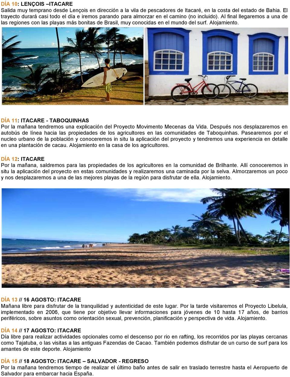 Al final llegaremos a una de las regiones con las playas más bonitas de Brasil, muy conocidas en el mundo del surf. Alojamiento.