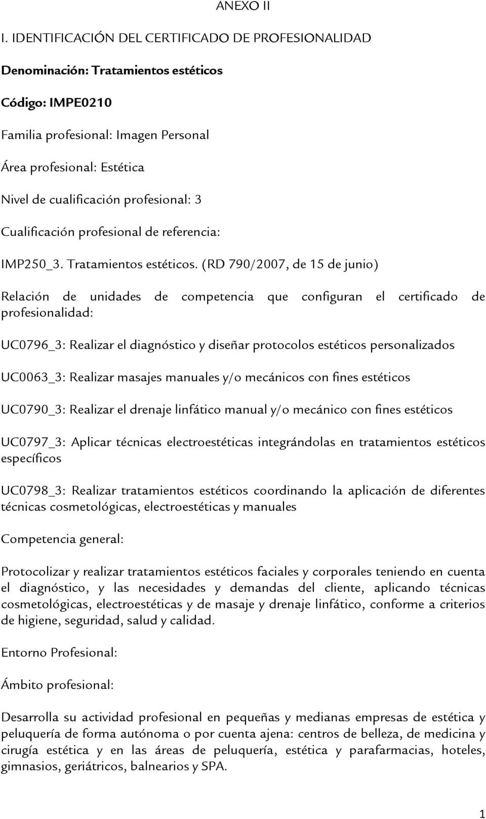 profesional: 3 Cualificación profesional de referencia: IMP250_3. Tratamientos estéticos.