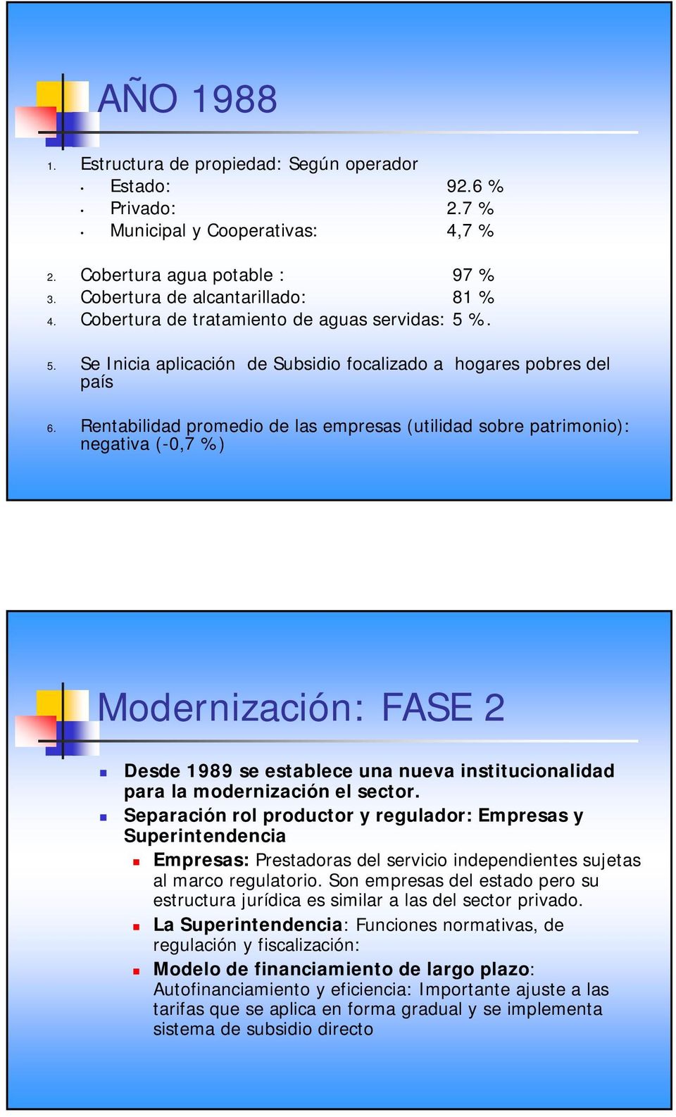 Rentabilidad promedio de las empresas (utilidad sobre patrimonio): negativa (-0,7 %) Modernización: FASE 2 Desde 1989 se establece una nueva institucionalidad para la modernización el sector.
