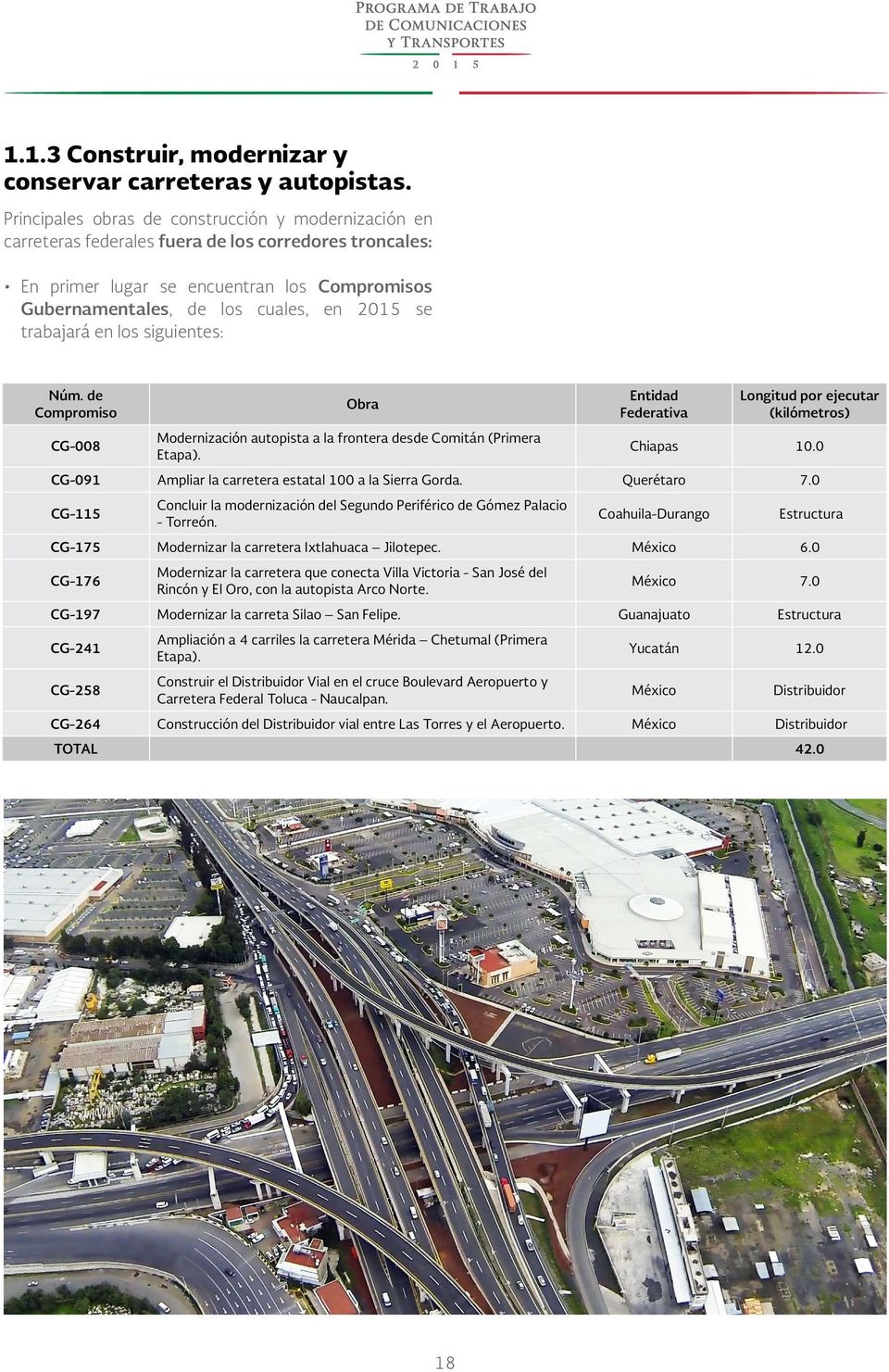 trabajará en los siguientes: Núm. de Compromiso CG-008 Obra Modernización autopista a la frontera desde Comitán (Primera Etapa). Entidad Federativa Longitud por ejecutar (kilómetros) Chiapas 10.