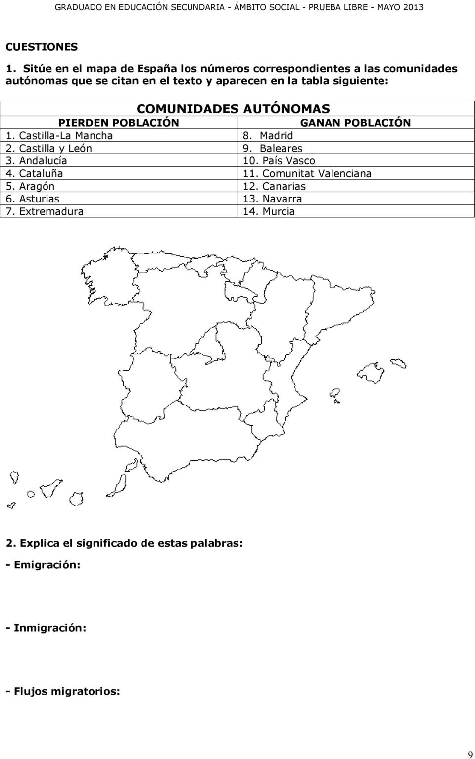 tabla siguiente: COMUNIDADES AUTÓNOMAS PIERDEN POBLACIÓN GANAN POBLACIÓN 1. Castilla-La Mancha 8. Madrid 2. Castilla y León 9.