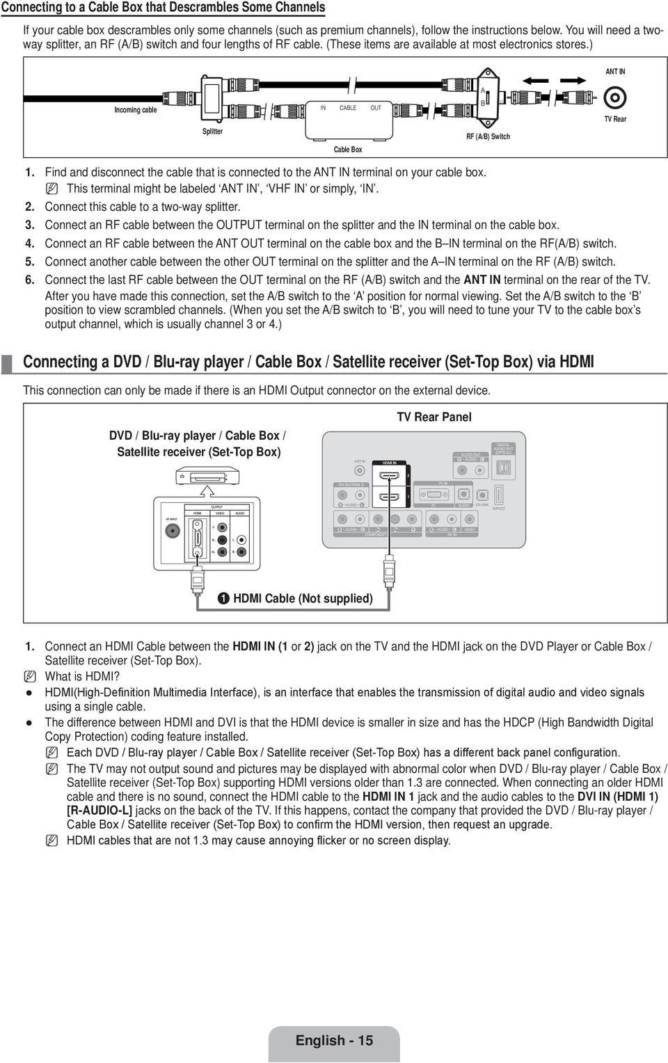 ) AT I Incoming cable Splitter Cable Box RF (A/B) Switch TV Rear 1. Find and disconnect the cable that is connected to the AT I terminal on your cable box.