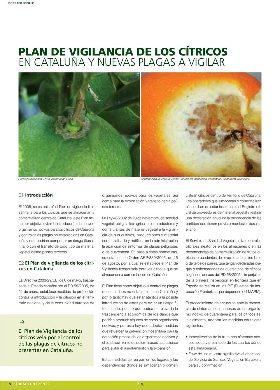 01 Introducción El 2005, se estableció el Plan de vigilancia fitosanitaria para los cítricos que se almacenan y comercializan dentro de Cataluña; este Plan tiene por objetivo evitar la introducción