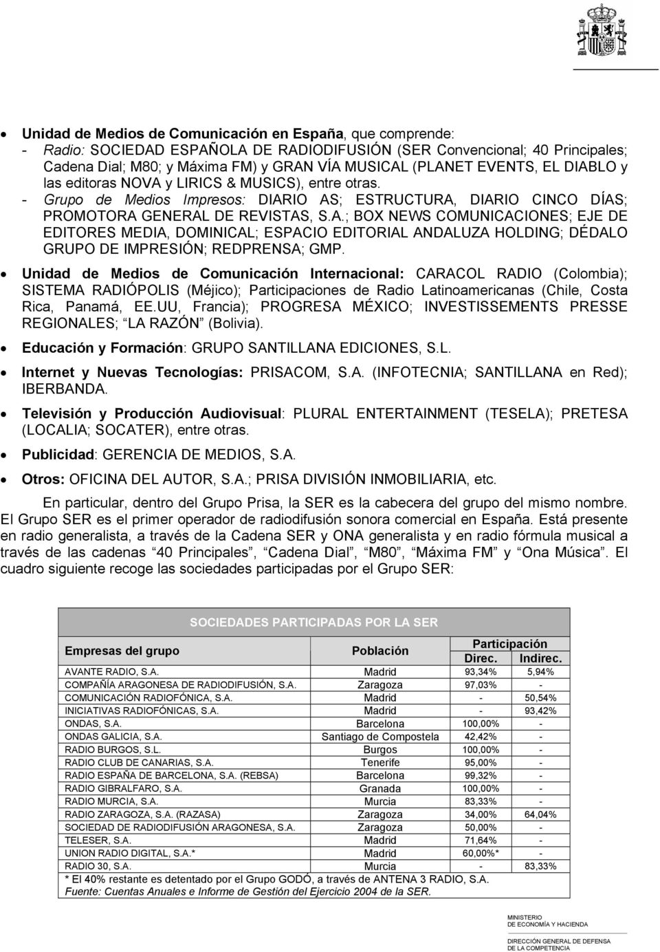 Unidad de Medios de Comunicación Internacional: CARACOL RADIO (Colombia); SISTEMA RADIÓPOLIS (Méjico); Participaciones de Radio Latinoamericanas (Chile, Costa Rica, Panamá, EE.