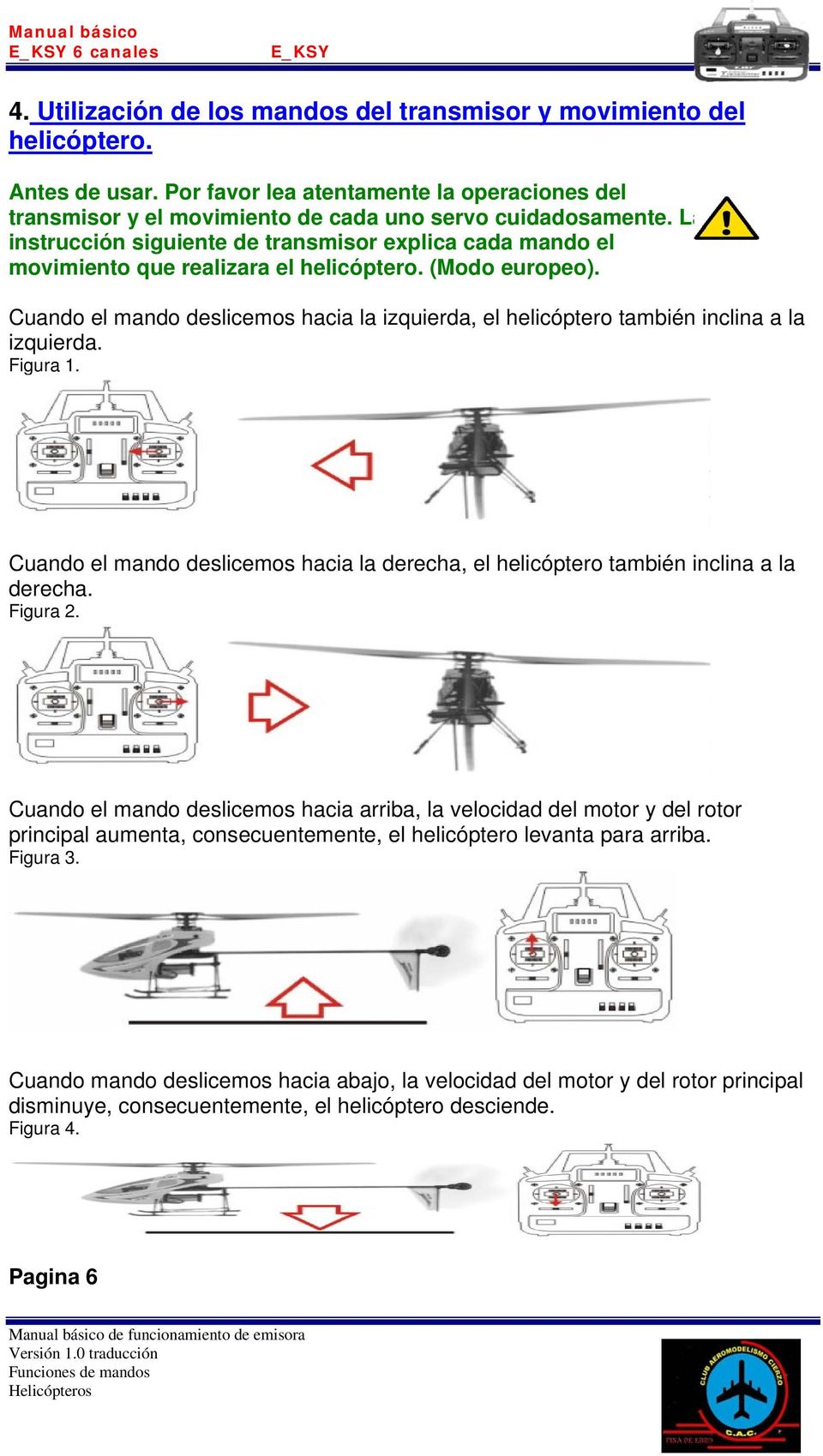La instrucción siguiente de transmisor explica cada mando el movimiento que realizara el helicóptero. (Modo europeo).