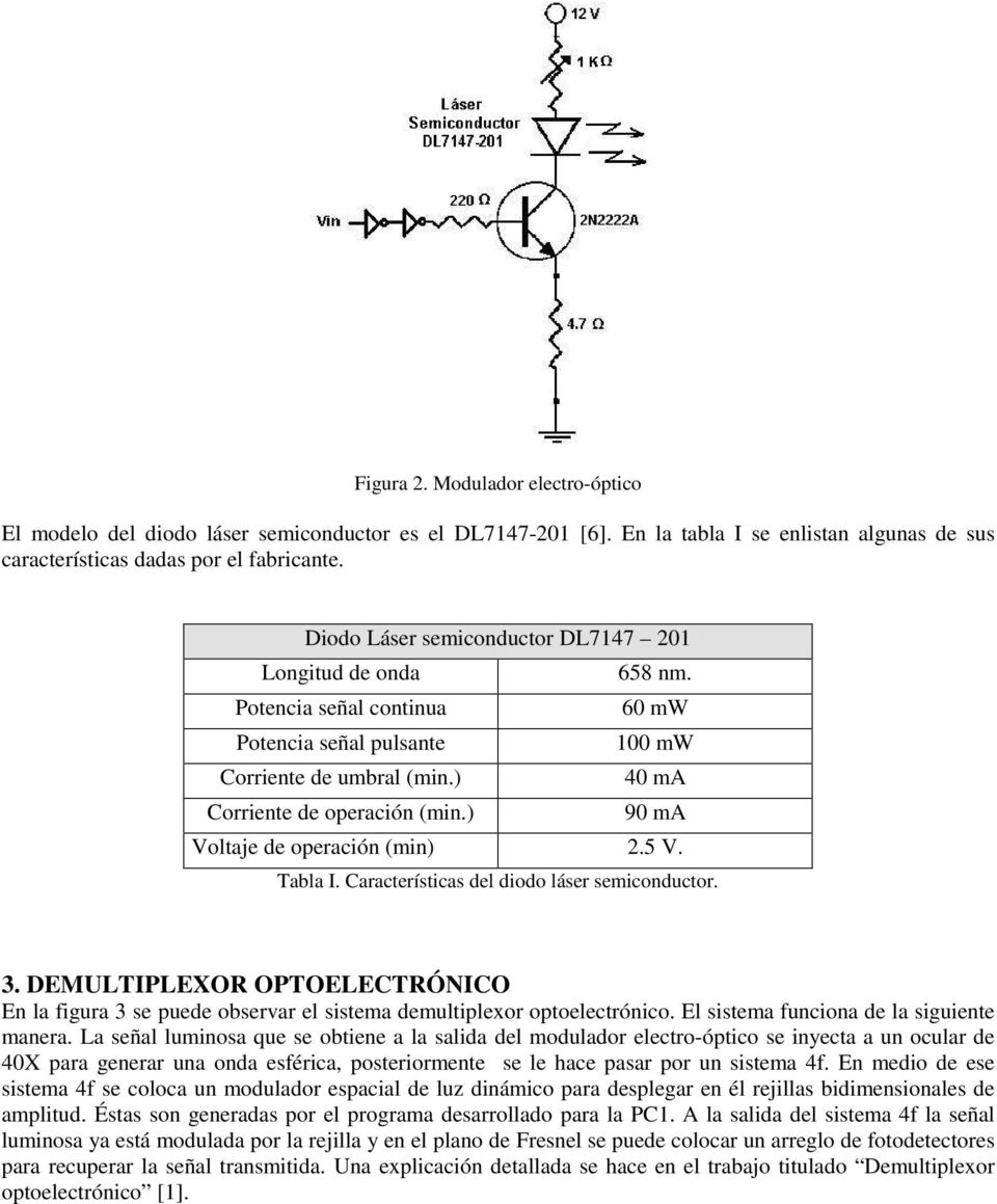 ) 90 ma Voltaje de operación (min) 2.5 V. Tabla I. Características del diodo láser semiconductor. 3.