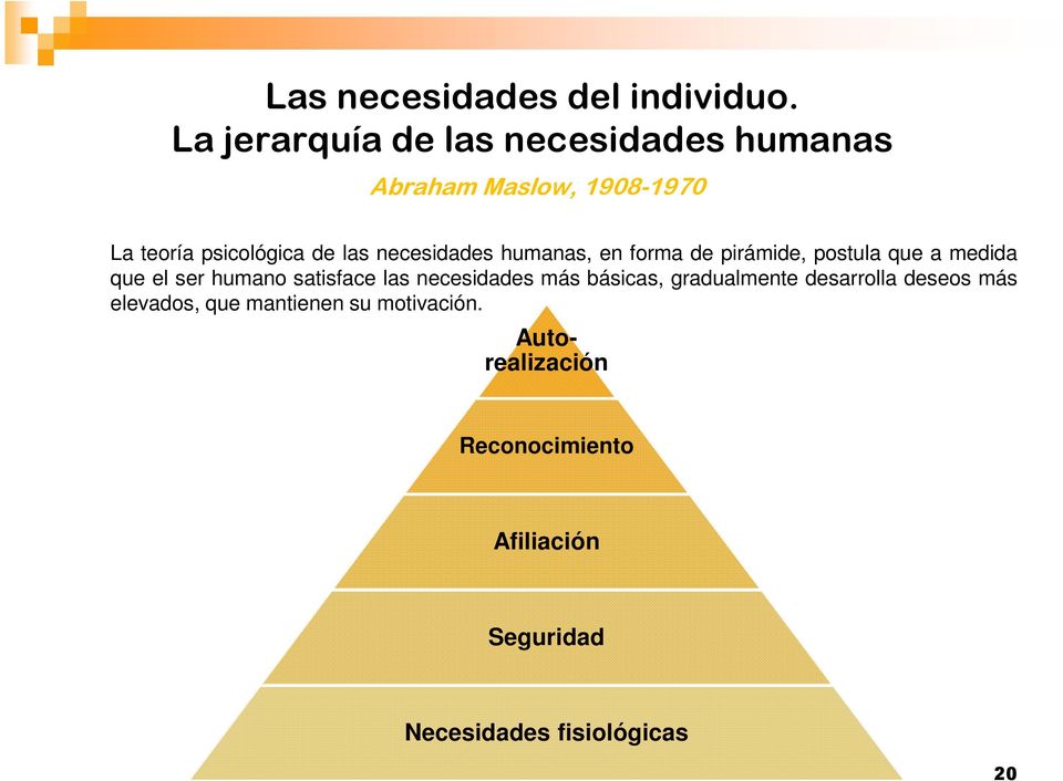 necesidades humanas, en forma de pirámide, postula que a medida que el ser humano satisface las