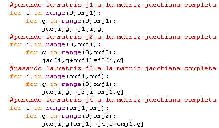 Después de formadas las submatrices hay que formar la matriz Jacobiana completa Cuando la matriz Jacobiana ya esta completa para la primera iteración y las siguientes que se formaran se invierte y