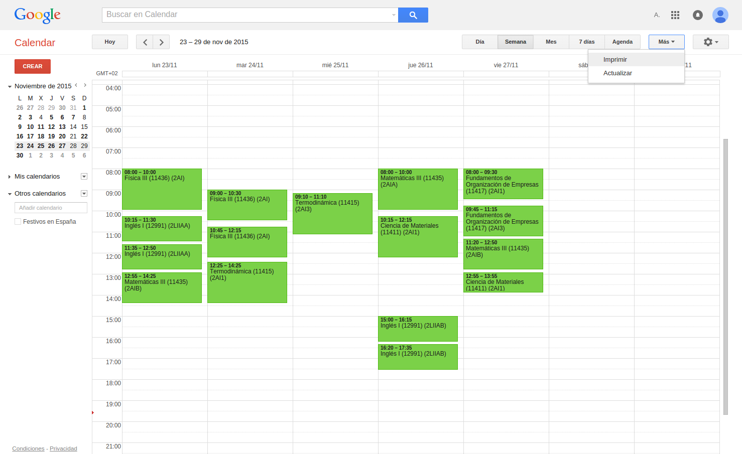 Tercer paso (imprimir en PDF): Así ya tenemos el calendario en Google Calendar. Ahora solo queda pasarlo a PDF.