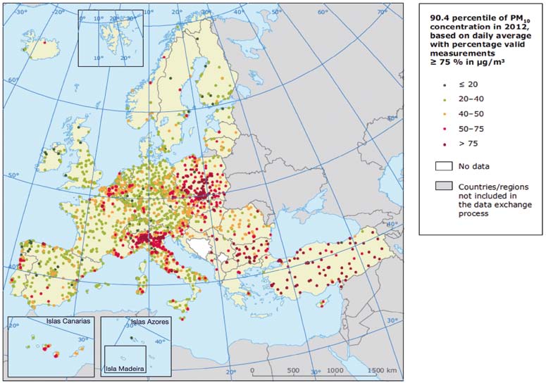Plan de mejora de la calidad del aire de Barcelona 2015-2018 Gráfico 7: Diagrama de cajas del percentil 90,4 de las medias diarias de PM 10 en Europa (UE-28). Año 2012.