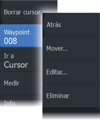 Almacenamiento de waypoints Puede guardar un waypoint en una ubicación seleccionada colocando el cursor en el panel y, a continuación, seleccionando la opción New waypoint (Nuevo waypoint) en el menú.