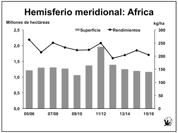 Hemisferio sur de África La superficie en el hemisferio sur de África se ha mantenido entre uno y dos millones de hectáreas con un promedio de 1,2 millones de hectáreas, independientemente de varias
