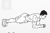 8. Plancha; de cúbito prono con los antebrazos apoyados en el suelo, espalda recta, no meter la lumbar, apretar la zona y espirar, aguantar: