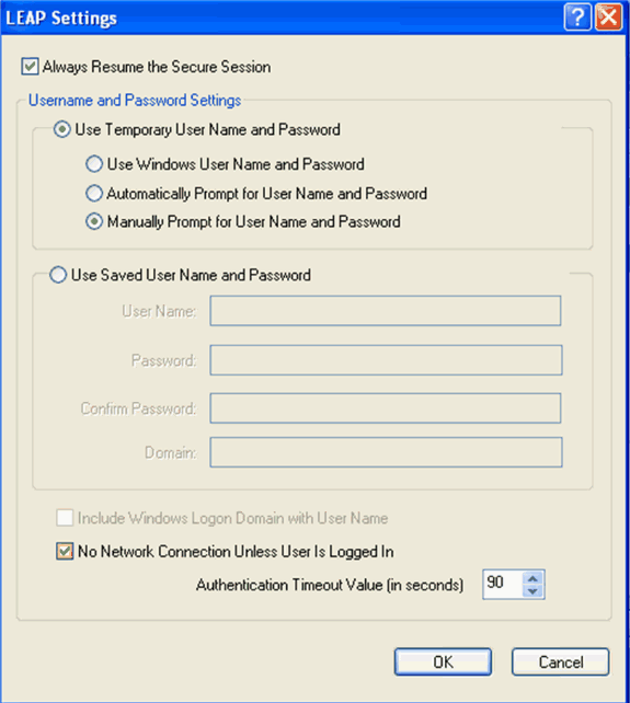 En este ejemplo, se elige Manually Prompt for User Name and Password en las configuraciones de nombre de usuario y contraseña para que se le solicite al cliente que ingrese el nombre de usuario y la