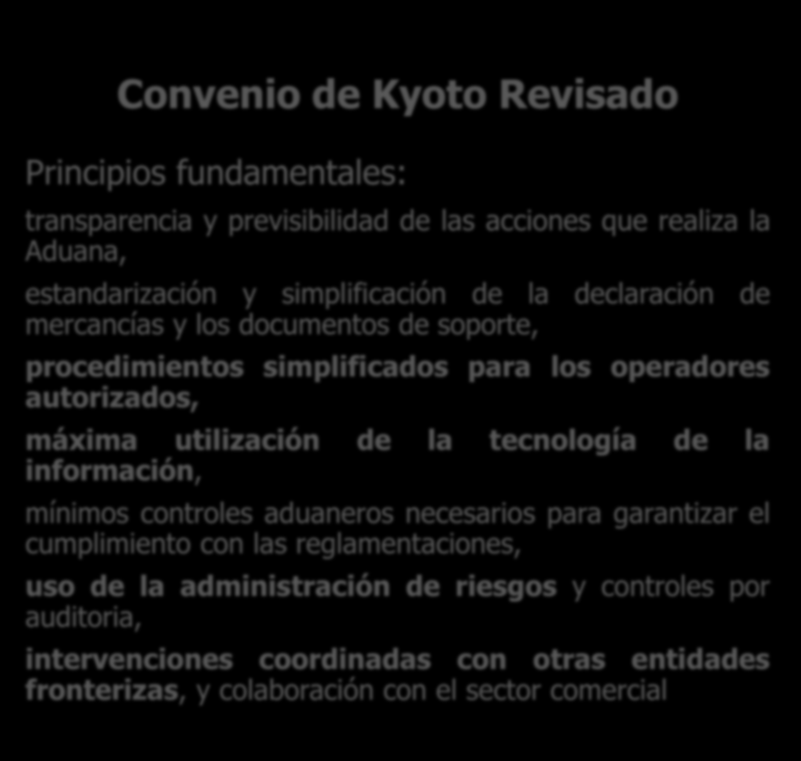 Convenio de Kyoto Revisado Principios fundamentales: transparencia y previsibilidad de las acciones que realiza la Aduana, estandarización y