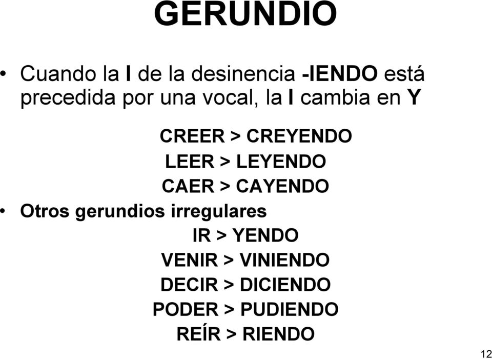 LEYENDO CAER > CAYENDO Otros gerundios irregulares IR > YENDO