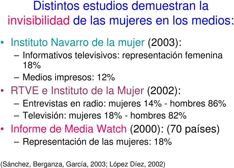 Mujer (2002): Entrevistas en radio: mujeres 14% - hombres 86% Televisión: mujeres 18% - hombres 82% Informe de