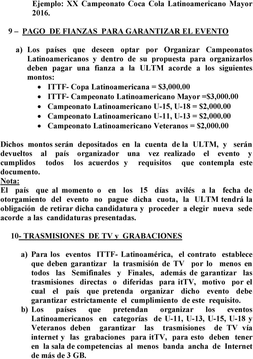 acorde a los siguientes montos: ITTF- Copa Latinoamericana = $3,000.00 ITTF- Campeonato Latinoamericano Mayor =$3,000.00 Campeonato Latinoamericano U-15, U-18 = $2,000.