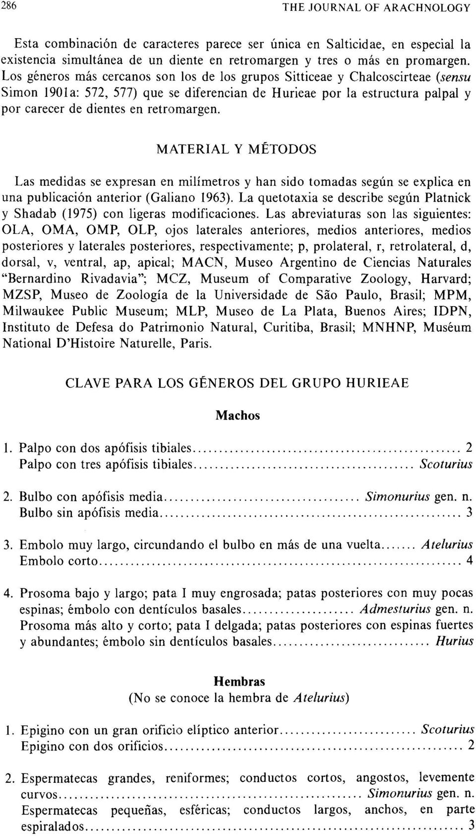 MATERIAL Y METODO S Las medidas se expresan en milimetros y han sido tomadas segun se explica e n una publicacion anterior (Galiano 1963).