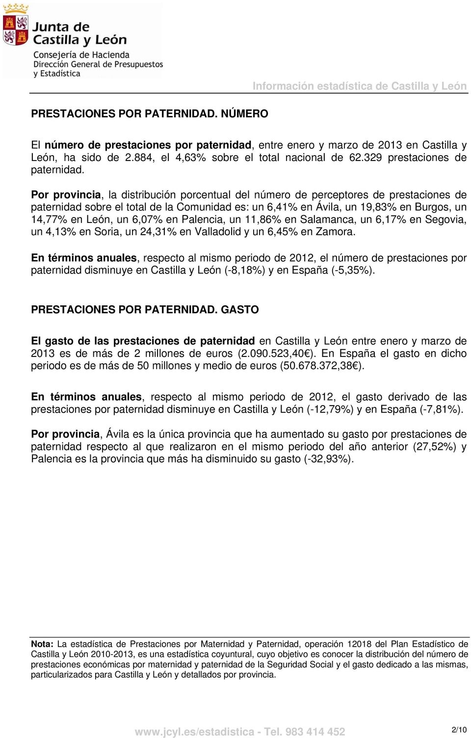 Por provincia, la distribución porcentual del número de perceptores de prestaciones de paternidad sobre el total de la Comunidad es: un 6,41% en Ávila, un 19,83% en Burgos, un 14,77% en León, un