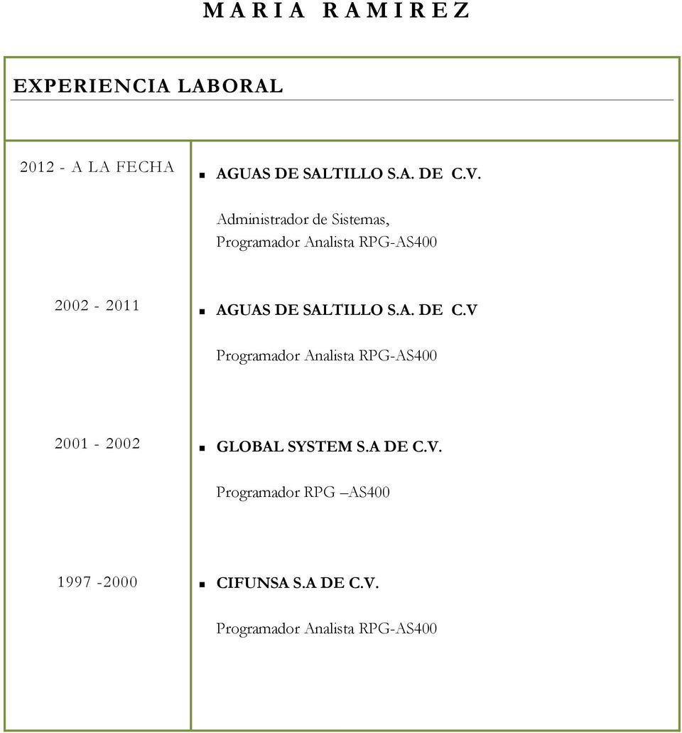 Analista RPG-AS400 2001-2002 GLOBAL SYSTEM S.A DE C.V.
