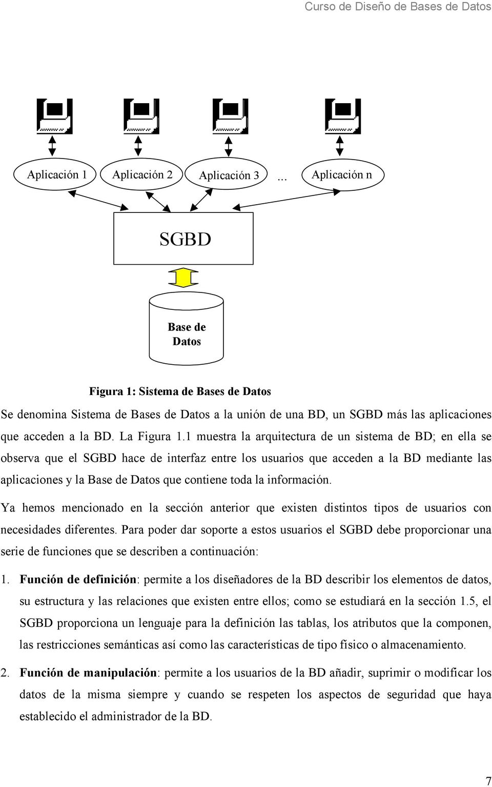 1 muestra la arquitectura de un sistema de BD; en ella se observa que el SGBD hace de interfaz entre los usuarios que acceden a la BD mediante las aplicaciones y la Base de Datos que contiene toda la