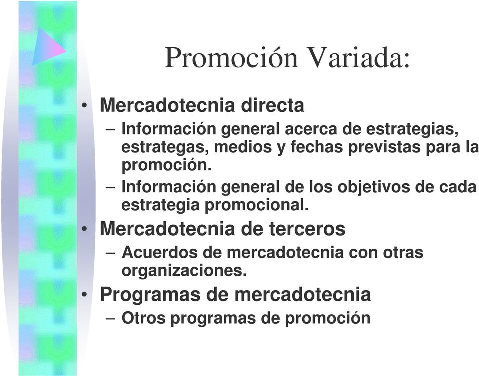 Información general de los objetivos de cada estrategia promocional.