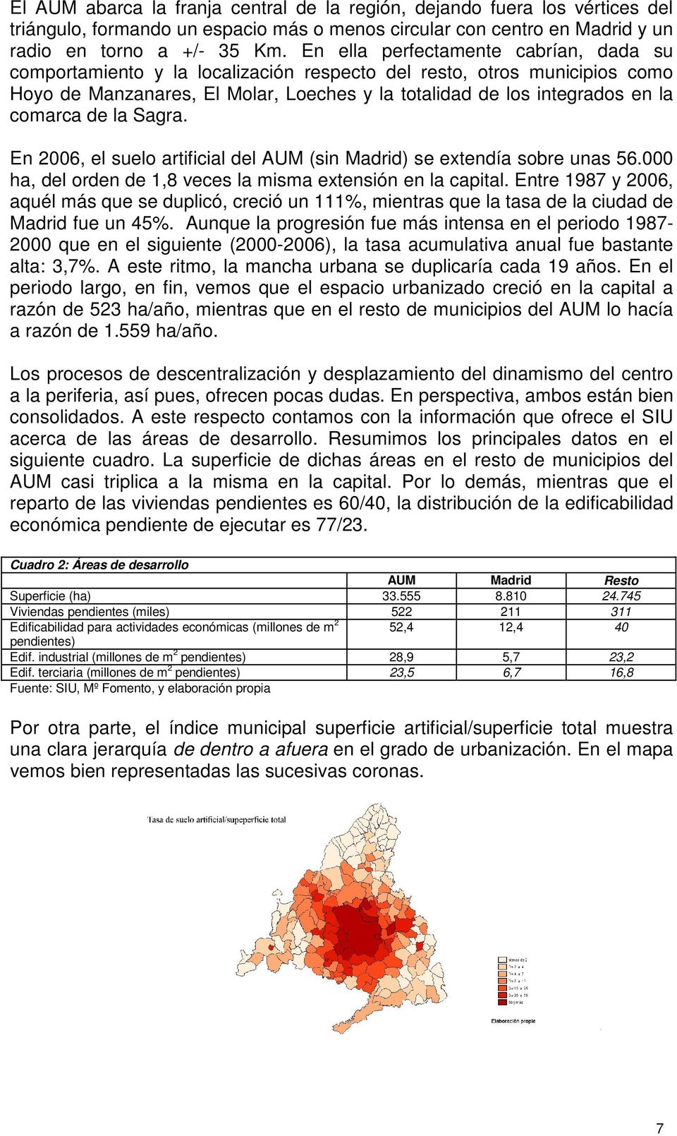 de la Sagra. En 2006, el suelo artificial del AUM (sin Madrid) se extendía sobre unas 56.000 ha, del orden de 1,8 veces la misma extensión en la capital.
