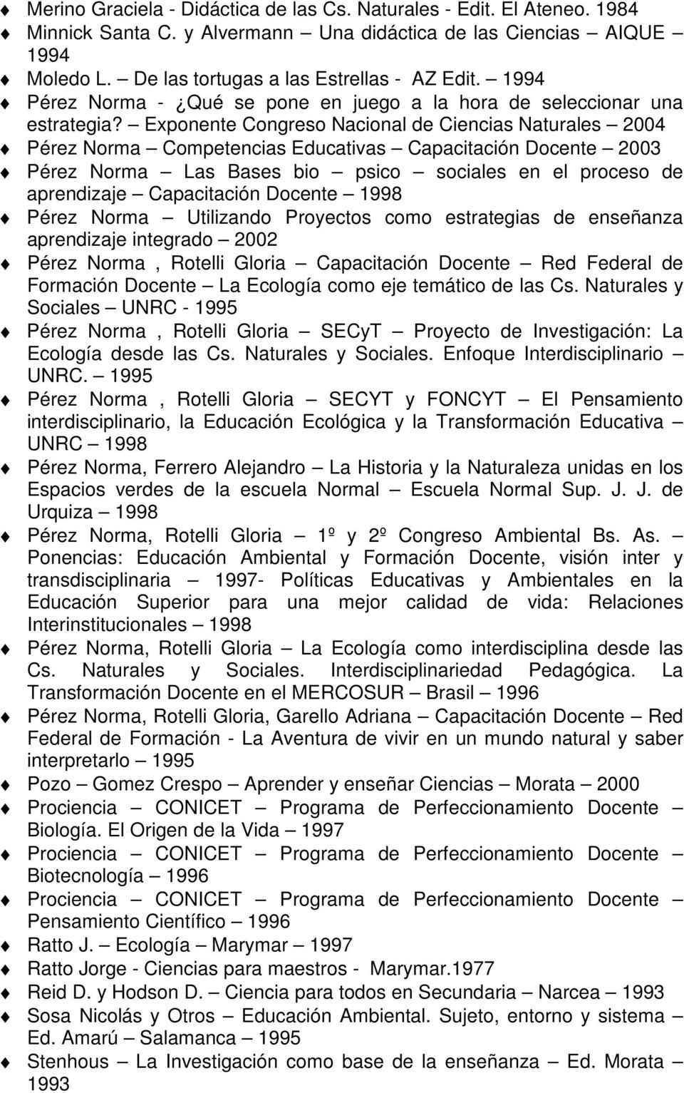 Exponente Congreso Nacional de Ciencias Naturales 2004 Pérez Norma Competencias Educativas Capacitación Docente 2003 Pérez Norma Las Bases bio psico sociales en el proceso de aprendizaje Capacitación