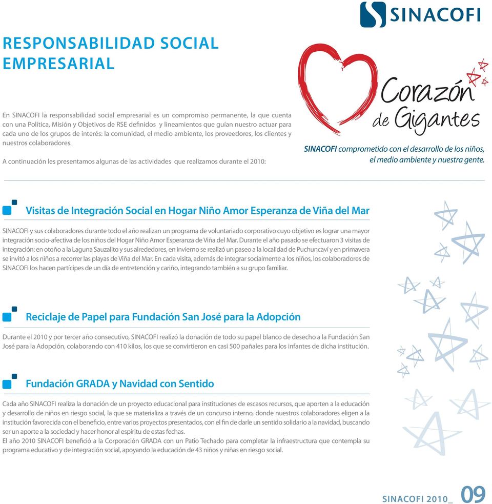 A continuación les presentamos algunas de las actividades que realizamos durante el 2010: Corazón de Gigantes SINACOFI comprometido con el desarrollo de los niños, el medio ambiente y nuestra gente.