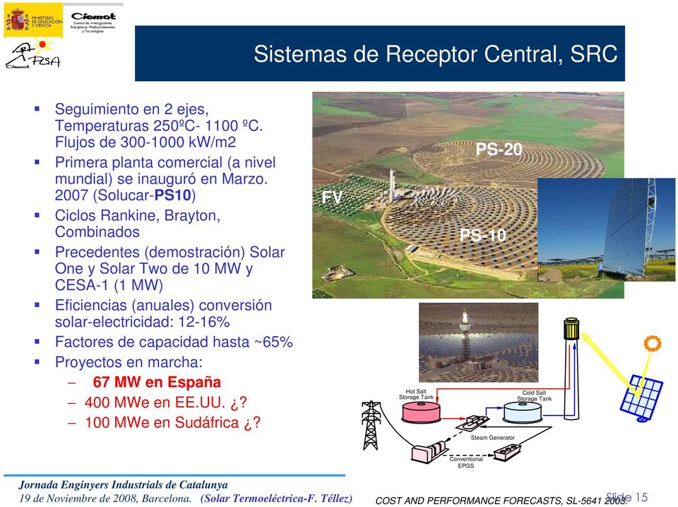 2007 (Solucar-PS10) Ciclos Rankine, Brayton, Combinados Precedentes (demostración) Solar One y Solar Two de 10 MW y CESA-1 (1 MW) Eficiencias (anuales) conversión